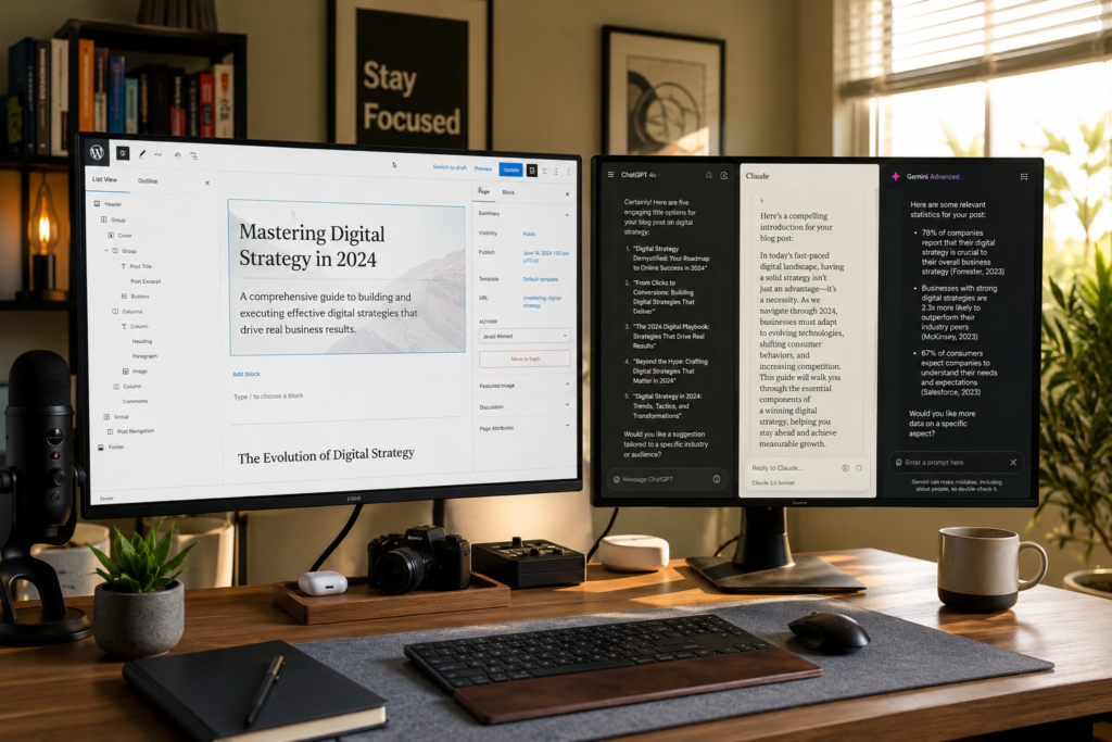 A modern home office setup with dual monitors showing a WordPress block editor on one screen and three AI chat windows on the other