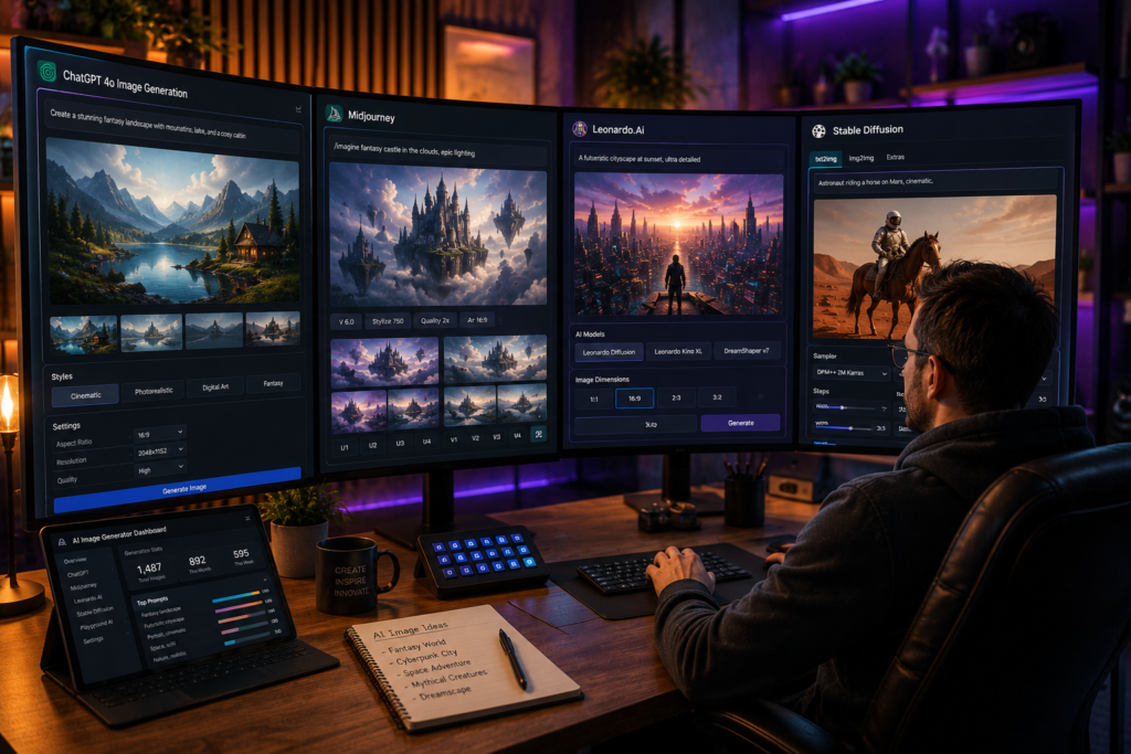 creator workspace using multiple AI image generators on ultra-wide monitors