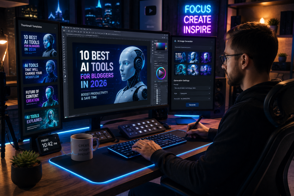 Digital creator editing AI-generated thumbnails and blog graphics on a futuristic desk setup