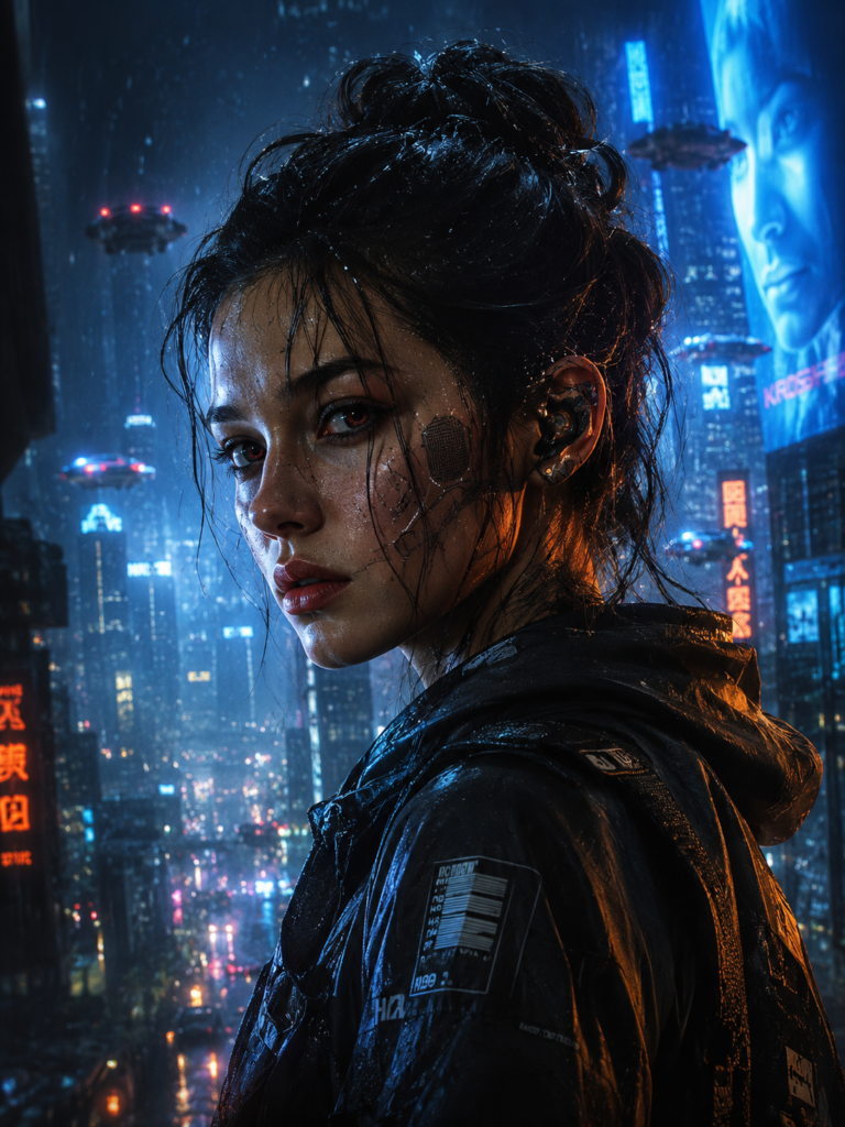 Cyberpunk woman in rainy city lights