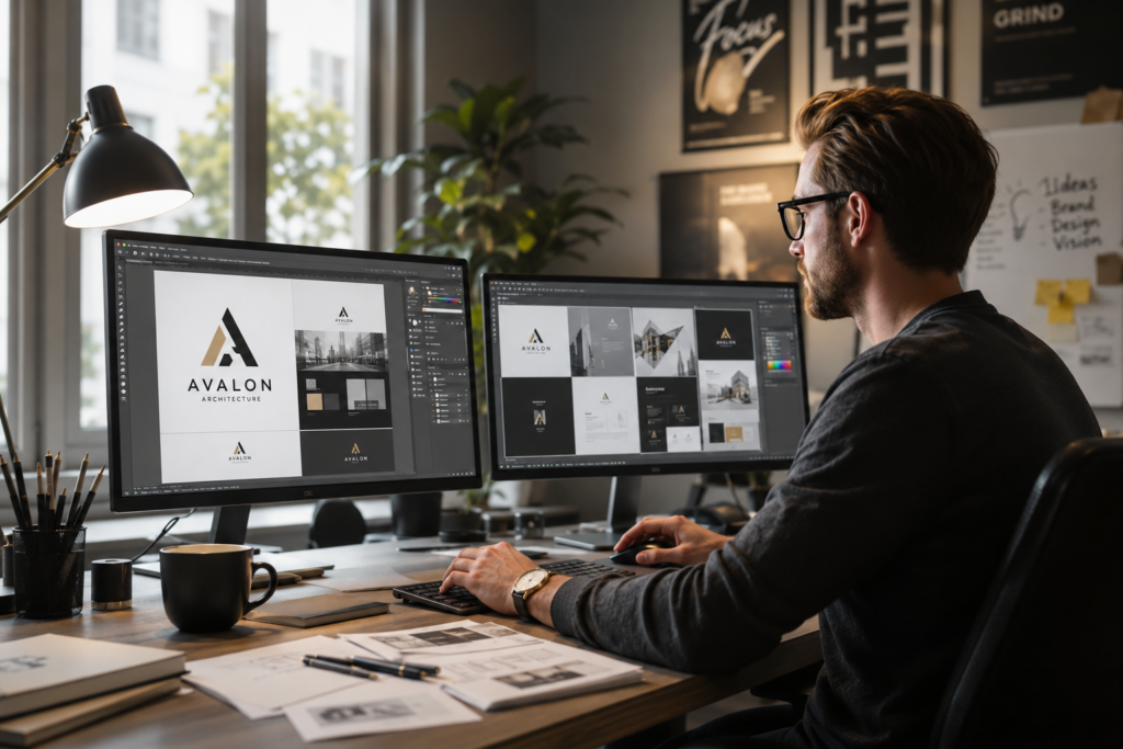 Modern workspace with branding design process
