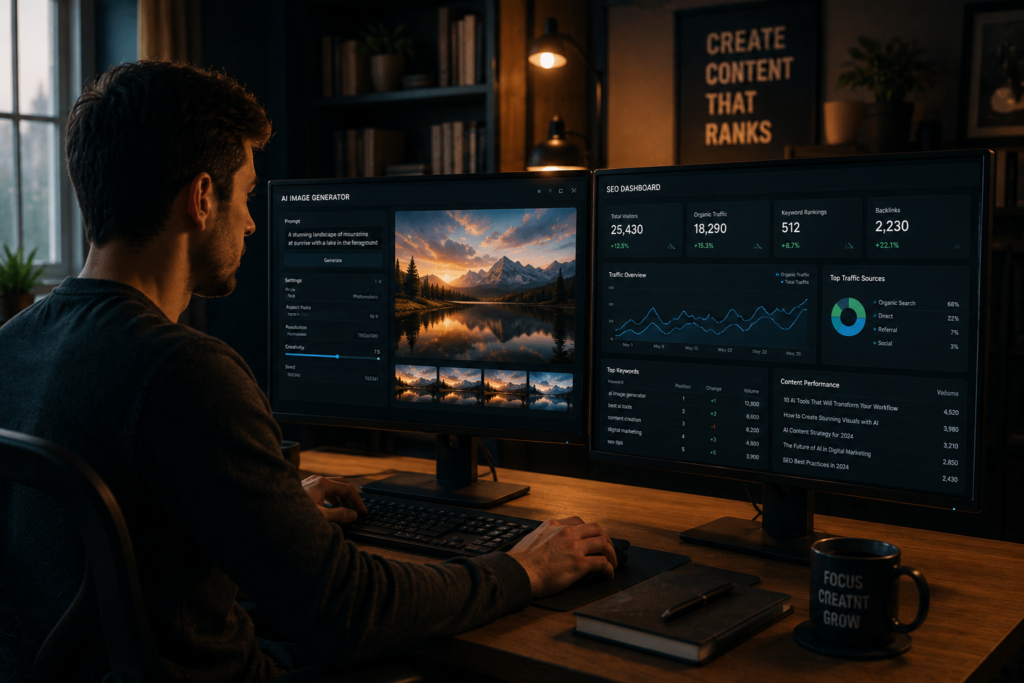 AI-generated featured images and SEO dashboards