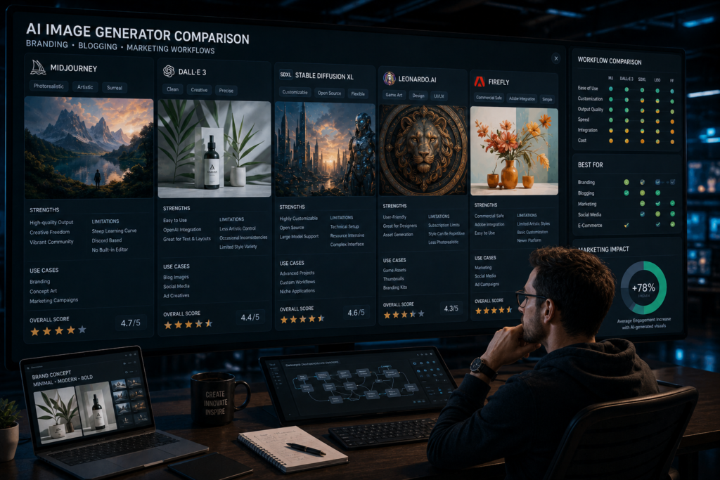 AI image generator interfaces for branding, blogging, and marketing workflows