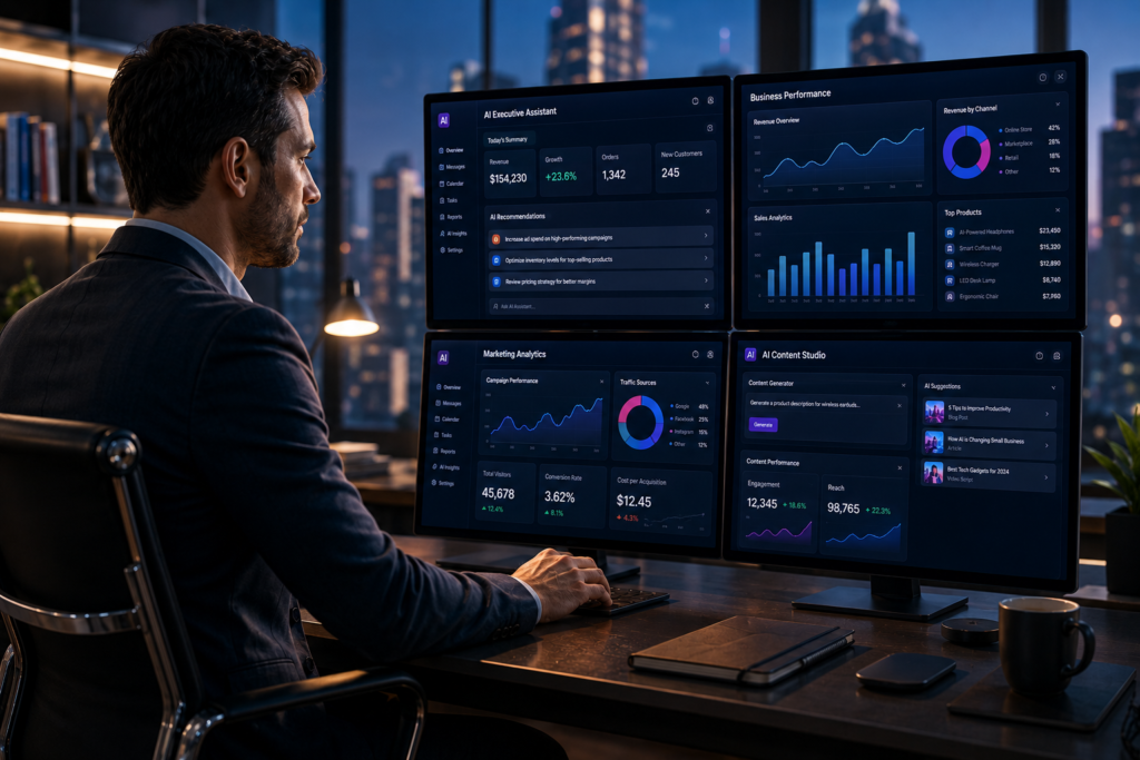 Startup marketing team collaborating with AI-generated analytics and campaign dashboards