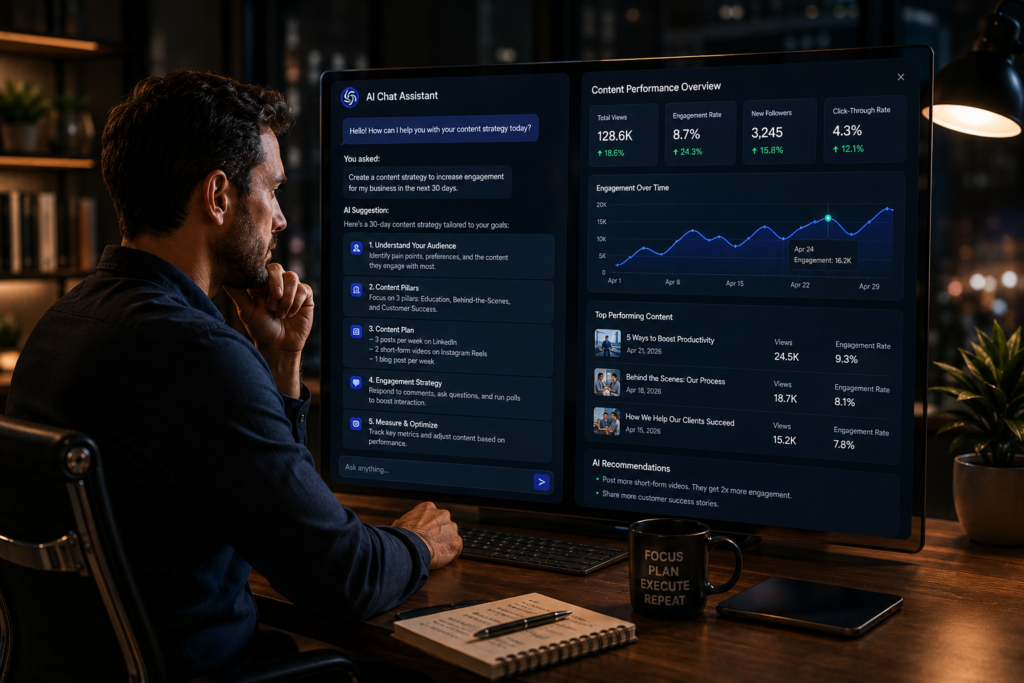 AI chatbot interface assisting business owner with content strategy and analytics