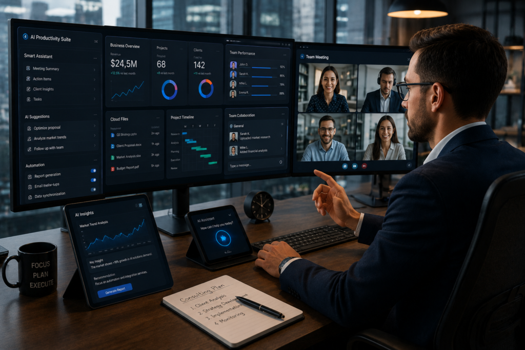 Business consultant using AI productivity tools integrated with cloud dashboards