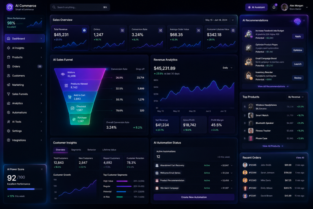 AI-powered eCommerce business dashboard with automated sales funnels