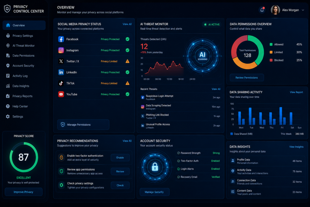 social media privacy control panel with AI threat monitoring and secure user data visualization