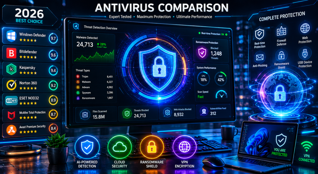 Antivirus comparison dashboard in neon tones