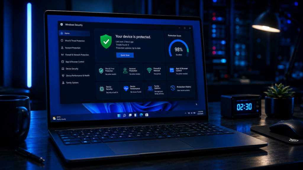 Tech workspace with security dashboard