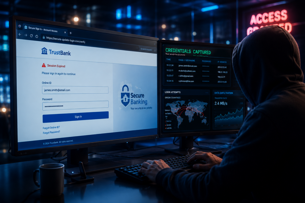 Cybercriminal at work in dimly lit room