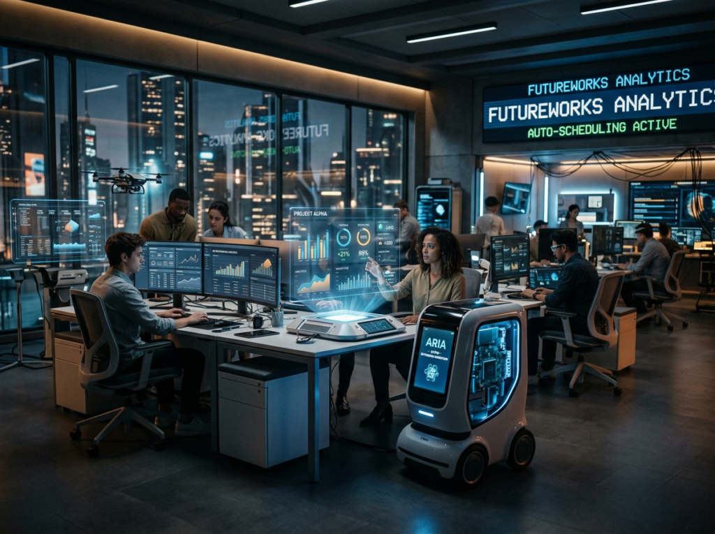 Futuristic AI-powered small business office with autonomous digital assistants and advanced analytics displays
