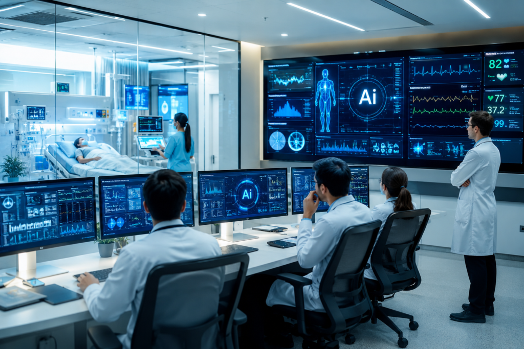 Futuristic hospital control room scene