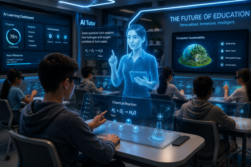 Futuristic classroom with AI tutor