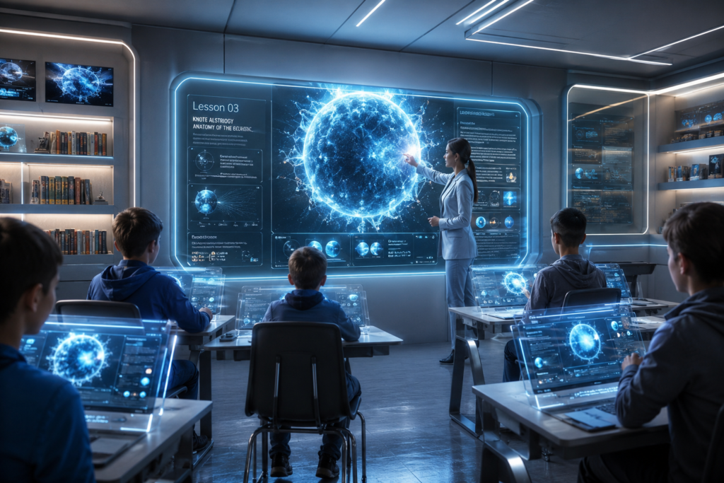 Futuristic classroom with holographic displays