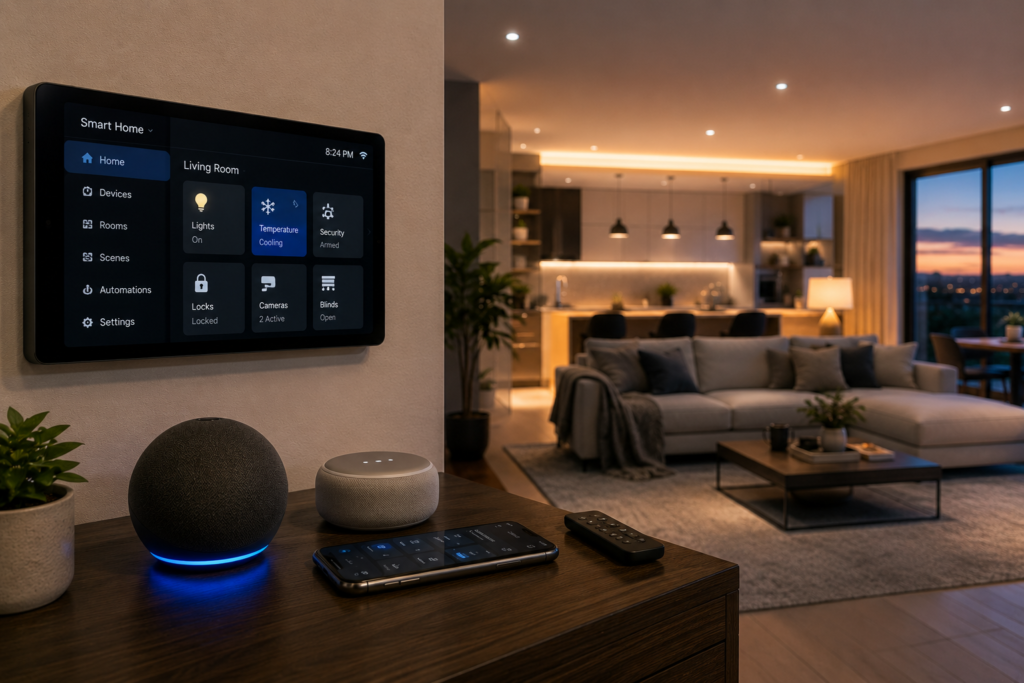 Smart home evening ambiance in modern living room