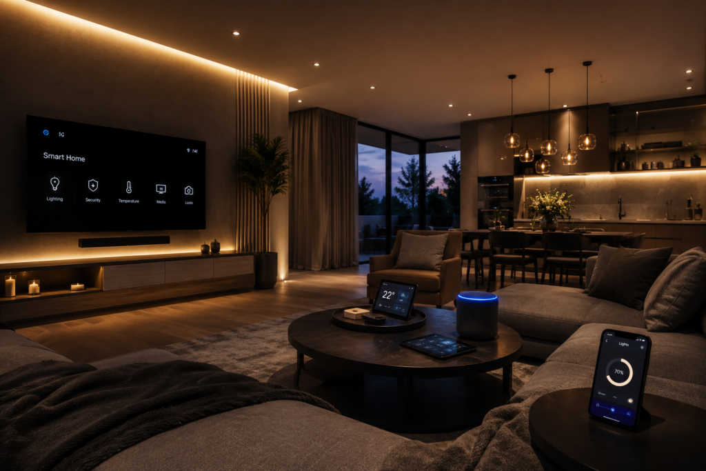 Smart home living room at dusk