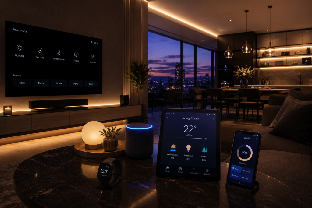 Modern smart home living at dusk