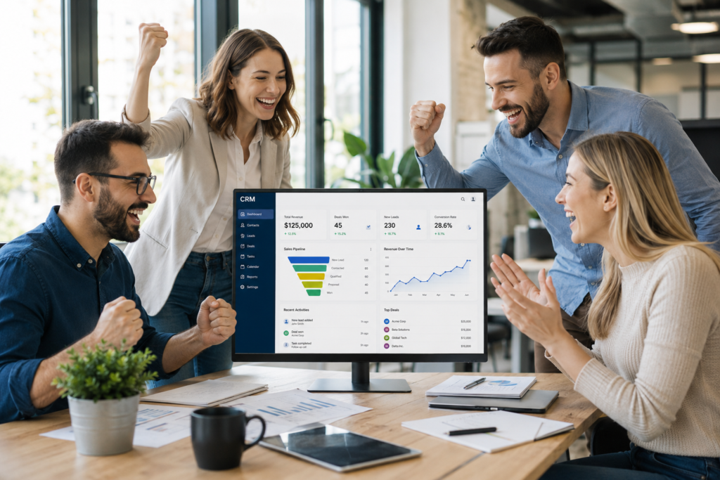 Team celebration in a modern office
