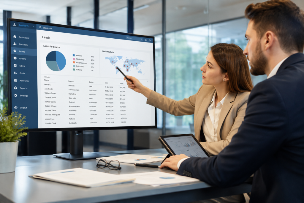 Office discussion on business leads dashboard