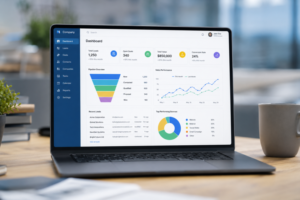 Modern workspace with CRM dashboard