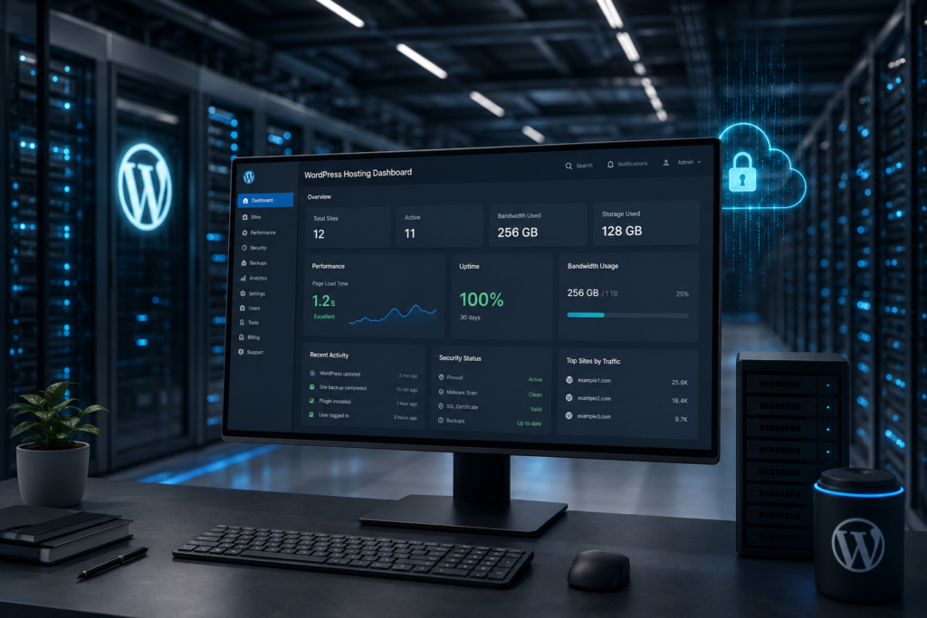 Futuristic WordPress hosting control center