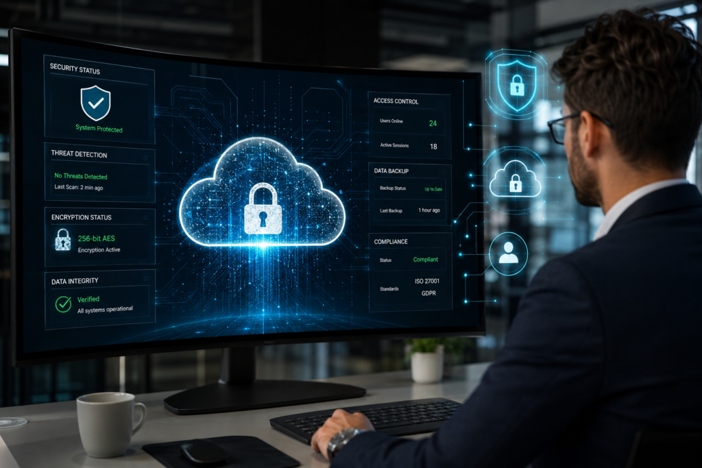 Cybersecurity dashboard in a modern workspace