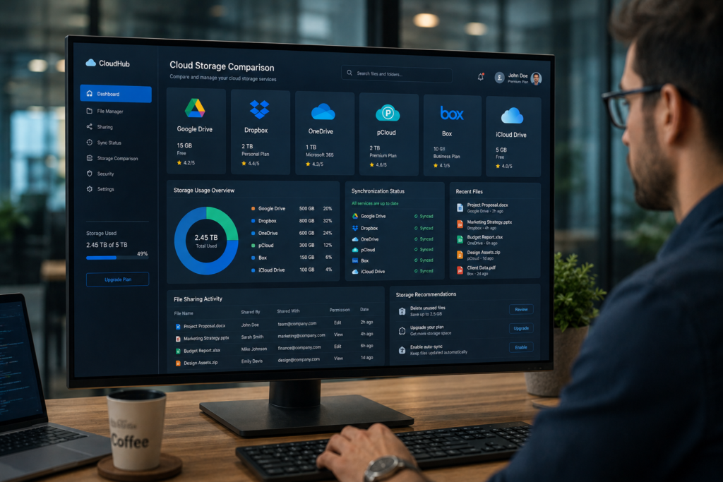 Modern office workspace with cloud dashboard