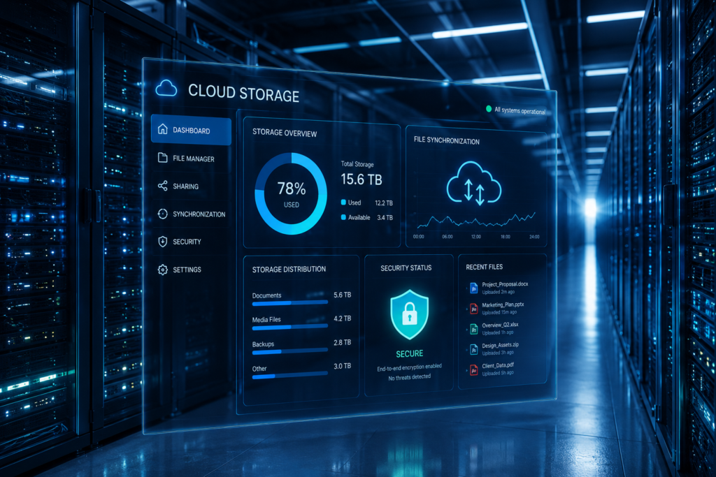 Futuristic cloud storage dashboard in server room